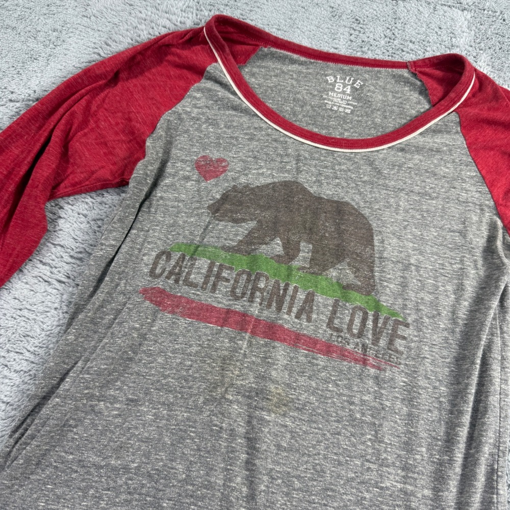 Blue 84 California Love Bear Los Angeles Raglan 3/4 Sleeve Tee Gray Red Medium
